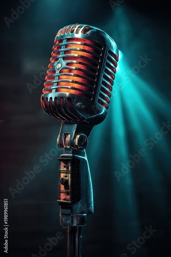 Vintage microphone with glowing neon lighting effect