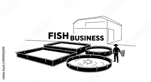 Fish Farming Business Aquaculture Tanks and Farmer.
