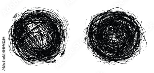 Two abstract black brushstroke shapes resembling faces or figures