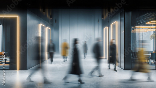 Motion blur of people in the office, subway hallway, pedestrians walking across a busy crosswalk. Modern interior architecture, professional workplace background