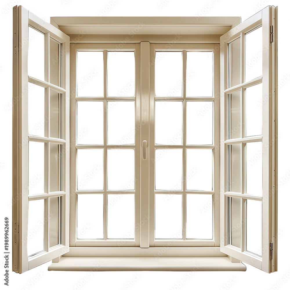 Fototapeta premium White double casement window with grid panes open wide isolated on transparent background