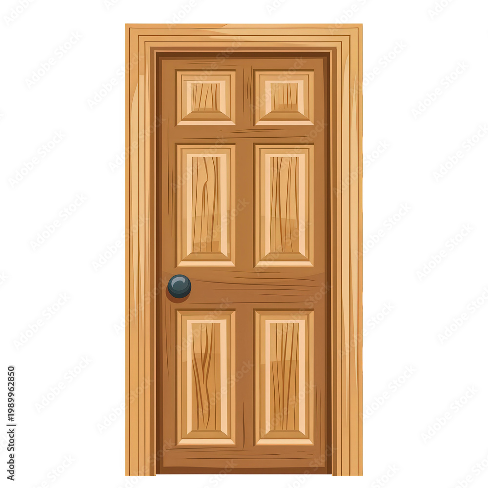 Fototapeta premium Modern light wood six-panel interior door with brass knobs isolated on transparent background