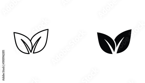 Minimalist green leaf nature symbol icon set featuring outline and solid black versions for environmental branding and eco friendly design projects isolated on white background