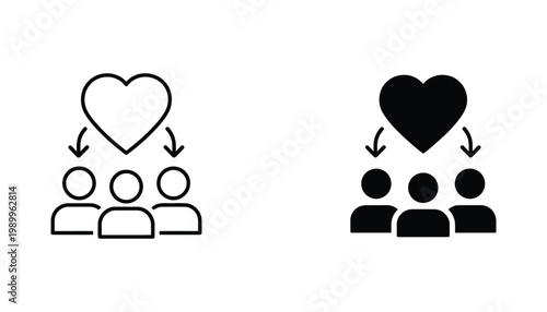Minimalist heart icon with people group representing love and community connection in flat vector graphic style