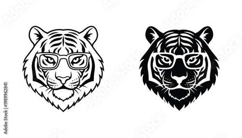 Cool tiger wearing glasses mascot icon set featuring intelligent feline character in both outline and solid black styles for educational branding and smart wildlife apparel graphic design concepts