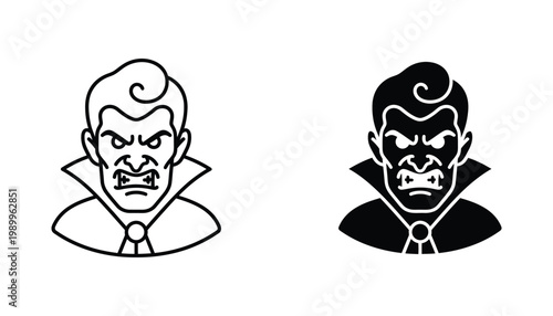 Vampire character portrait icon set featuring classic dracula style with cape and fangs in both outline and solid black styles for horror themed branding and halloween graphic design projects