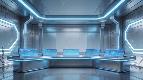 Futuristic control room with glowing screens