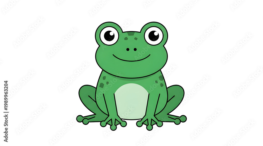 Obraz premium A cheerful green frog clipart sits with a smile on a clean white background
