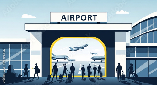 Modern Airport Terminal Building with Travelers and Airplanes.