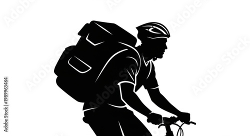 Silhouette of a delivery person riding a bicycle with a large backpack.