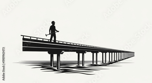 Silhouette of a person walking on a long bridge carrying a tool.