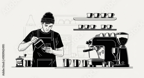 Barista Preparing Coffee Drink with Espresso Machine and Milk Pitcher.