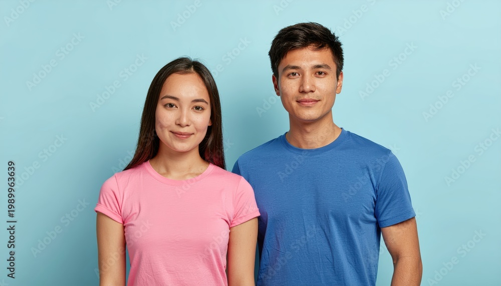 Fototapeta premium Smiling asian couple wearing casual t-shirts posing in a studio setting