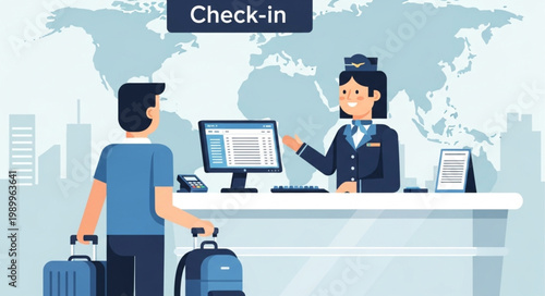 Traveler checking in at hotel reception desk with luggage.