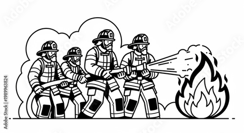 Firefighters battling a large blaze with water hose.