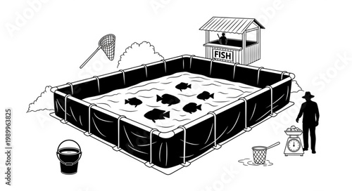 Fish Farming Pond Aquaculture System with Fish and Farmer.