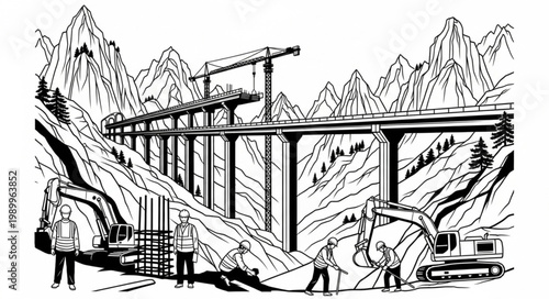 Bridge Construction in Mountainous Terrain with Cranes and Excavator.