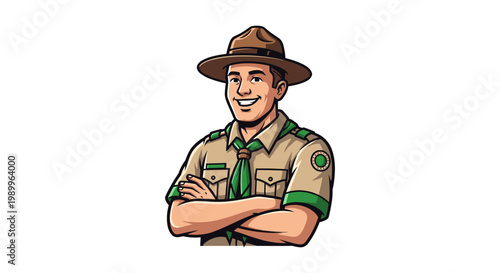 cartoon park ranger with crossed arms smiling