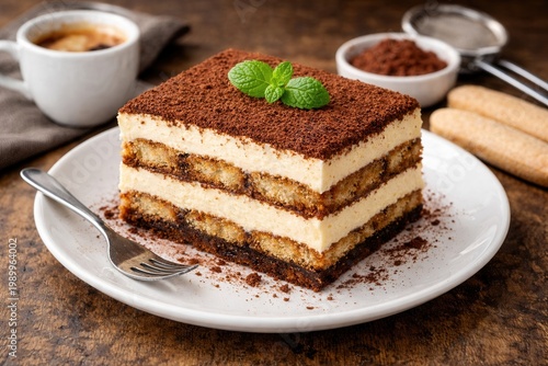 Tiramisu mit Espresso auf Teller im Querformat
Italienisches Schichtdessert mit Kakao, Mascarpone und Löffelbiskuit in warmer stimmungsvoller Präsentation.