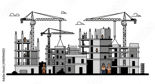 Construction Site With Cranes and Buildings Under Development.