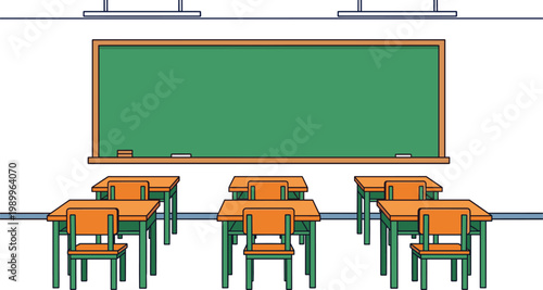 empty classroom with green chalkboard and wooden desks