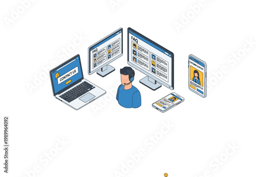 man surrounded by computer devices for multitasking and productivity