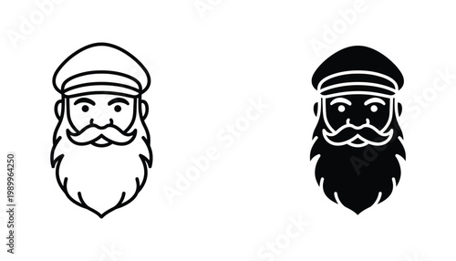Portrait of a bearded sea captain wearing a traditional naval hat in both outline and solid black vector styles for maritime branding and nautical themes in clean professional graphic designs