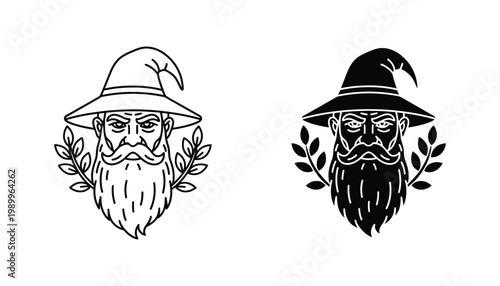 Wizard portrait outline and solid black silhouette with hat and leaves isolated on white background vector illustration