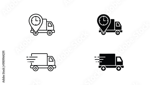 Fast delivery truck icon set with real-time location tracking and expedited shipping speed indicators