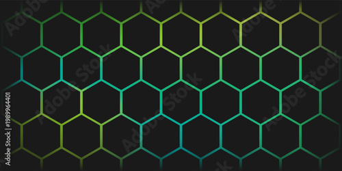 Dark technology hexagonal vector abstract background. Green bright energy flashes under hexagon in dark technology futuristic modern background vector illustration. Gray honeycomb texture grid.