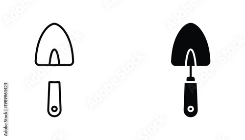 Gardening hand trowel tool outline and solid fill vector icon for digging planting horticulture work