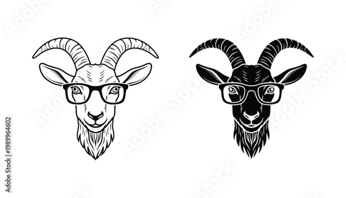 Intellectual goat head wearing stylish eyeglasses line art and solid fill vector illustration smart animal character