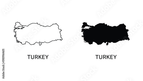Outline and solid silhouette map of Turkey country geographic shape vector graphic
