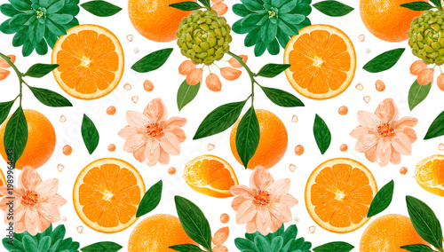 Beautiful background of fresh oranges with flowers flat design illustration isolated on transparent background