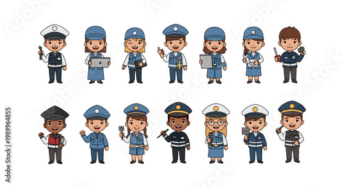 Diverse cartoon characters in various professions