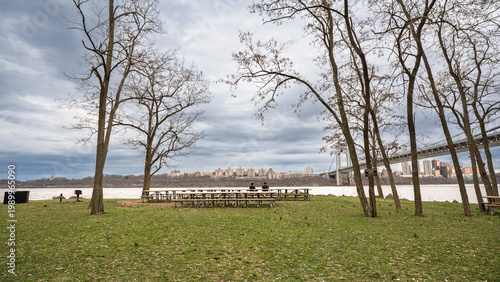 Scenic Riverside Park with Picnic Tables and George Washington Bridge View