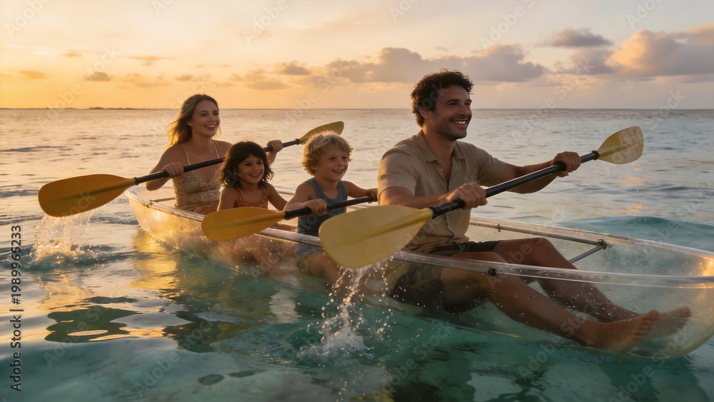 Obraz premium Family kayaking at sunset