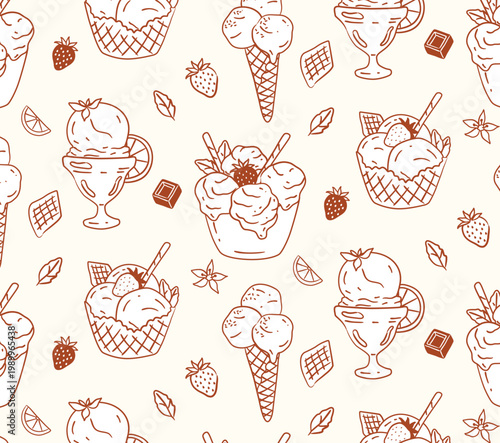 Hand drawn vector seamless pattern with ice cream sundae scoops in bowls and waffle cones. Summer dessert background with strawberries chocolate and leaves in linear naive style for cafe packaging.