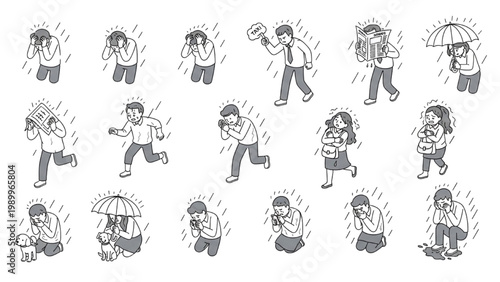 Isometric Rain Without Umbrella Struggle Vector Set – Human Activity Scene in Technical Minimal Outline Style, Isolated White Background