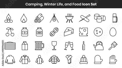 Winter Adventure and Outdoor Lifestyle Icon Set - Camping, Warm Apparel, Food, and Survival Essentials