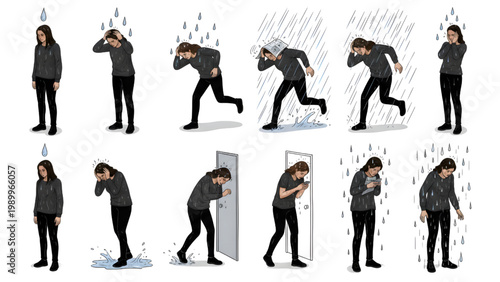 Isometric Rain Without Umbrella Struggle Vector Set – Step Flow Human Activity Scene with Sketchy Raindrops and Solid Silhouette Style, Isolated White Background