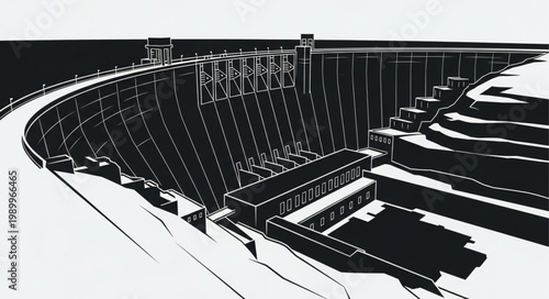 Massive concrete dam structure with water flowing through spillways.