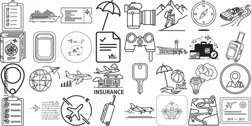 Travel and insurance icons collage with travel plan, insurance