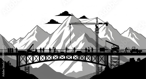 Bridge Construction Silhouette Against Mountain Landscape.