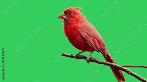 A vibrant male northern cardinal bird perched on a thin tree branch against a solid green screen background