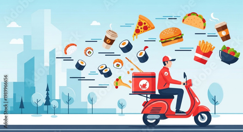 Food delivery service courier on scooter with various food items flying around.