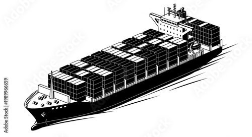 Large cargo ship loaded with containers sailing on the ocean.