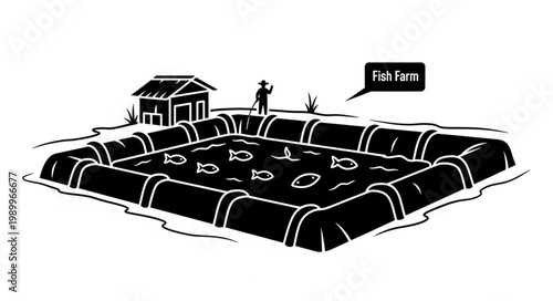 Illustration of a fish farm with a small building and a person.