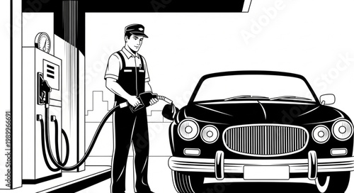 Man Pumping Gas into Luxury Car at Station.