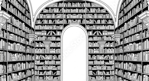 Grand Library Interior with Endless Bookshelves and Arches.